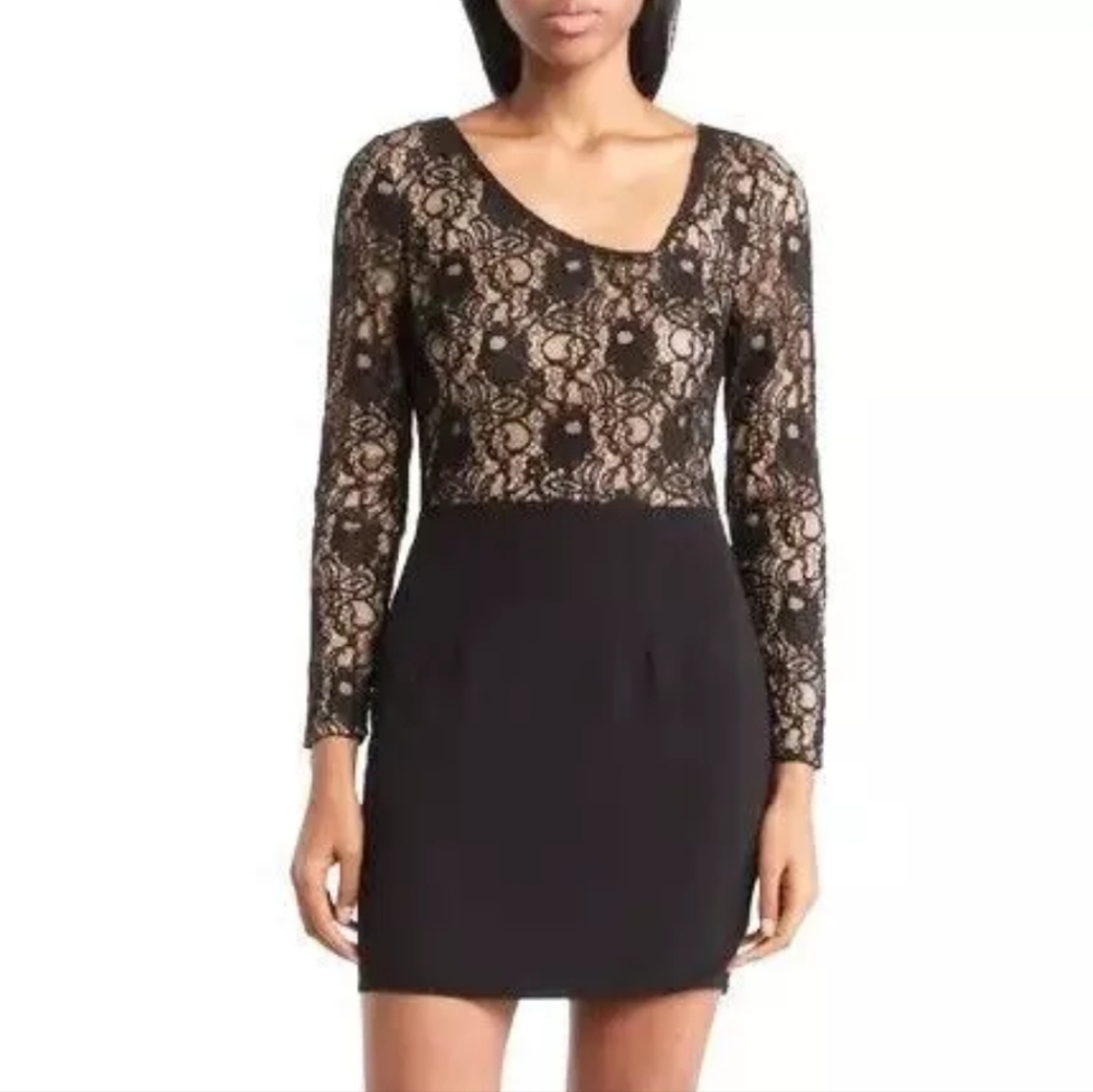 Dress The Population Chante Black & Tan Lace Long Sleeve Cocktail Dress